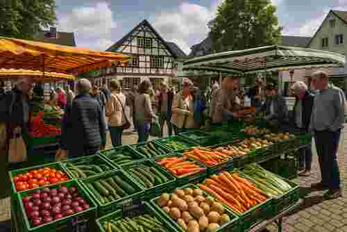 Menschen um den Gemüsestand auf dem Markt in Seelscheid Menschen um den Gemüsestand auf dem Markt in Seelscheid